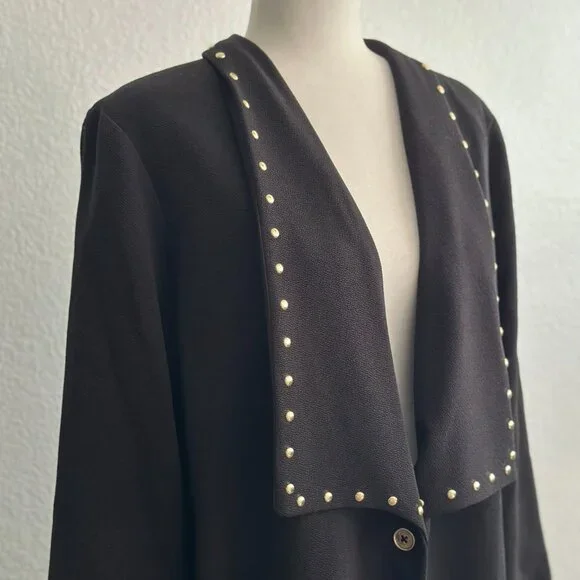 MICHAEL By Michael Kors Black with Gold Studs Open Front Blazer Jacket Size: L - Picture 3 of 10